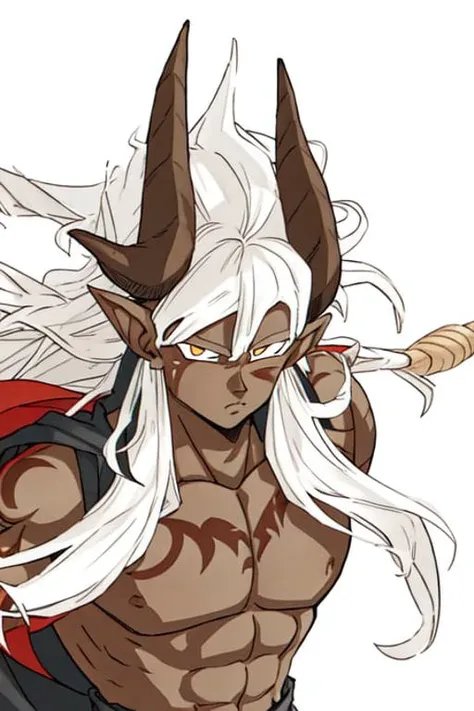 toriyama akira ((Best Quality)), ((Masterpiece)),  1boy, dark-skinned_male, ash_skin, horns, long_hair, male_focus, pectorals, simple_background, solo, orange_eyes, ((eye_focus)), white_background, white_hair, full_arm_tattoo, super_saiyain, fire_aura, <lora:akiraToriyamaStyle_toriyamaAkira3:0.7>