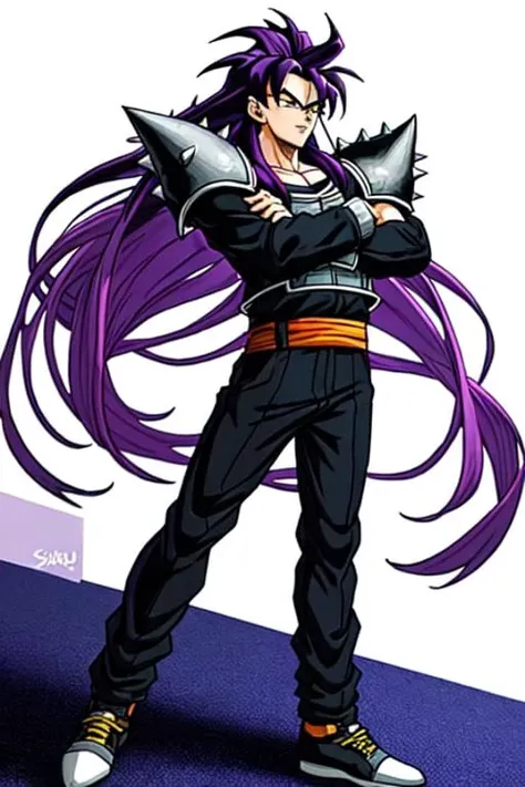 (((best quality))), ((masterpiece)), rating:safe, a man with long spiky purple hair standing with his arms crossed, shoulder pads, purple hair, long hair, ((spiky hair)), full body, male focus, 1boy, simple background, (((face focus))), saiyan, <lora:akiraToriyamaStyle_toriyamaAkira3:0.5>
