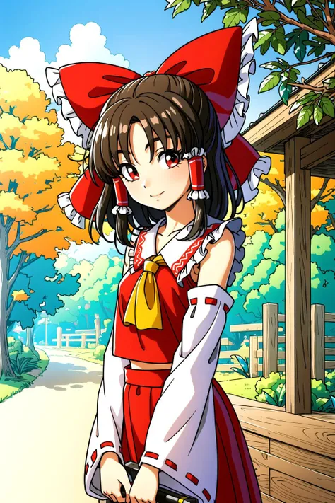 <lora:toriyama_akira_3:0.6>, masterpiece, best quality, 1girl, cowboy shot, (Hakurei Reimu), Touhou, toriyama_akira