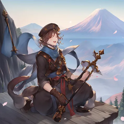 (Granblue Fantasy), 1boy, male focus, solo, gloves, brown hair, hat, scarf, japanese clothes, petals, cane, hakama, full body, blue scarf, sandals, facial hair, hakama skirt, open mouth, smile, brown gloves,
high fantasy scenery, (volcano), and rocky mountains in the background, solo, male focus, full shot, subject fills the frame,
<lora:GBF_V1:1>