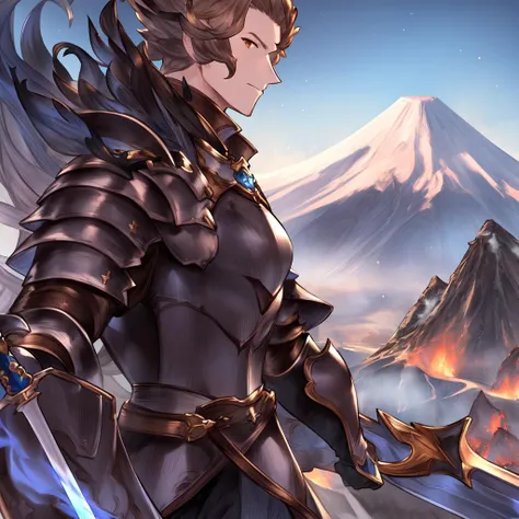(Granblue Fantasy), sigfried from granblue fantasy, brown hair, orange eyes, (holding weapon, greatsword), over the shoulder
wearing a full suite of armor (black armor),
high fantasy scenery, volcano, and mountains in the background,
((close up)), solo, male focus, full shot,
<lora:GBF_V1:1>