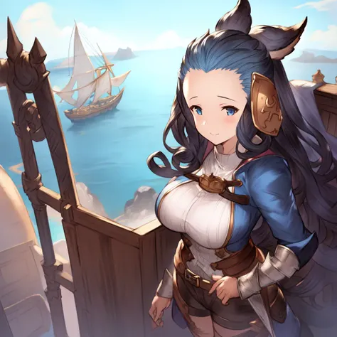 (granblue fantasy) 1girl, female, engineer, standing at the helm of an airship, beautiful background scenery, blackish blue hair, long hair, spiky hair, dark eyes, blue jacket, fishnets, <lora:GBF_V1:0.8>