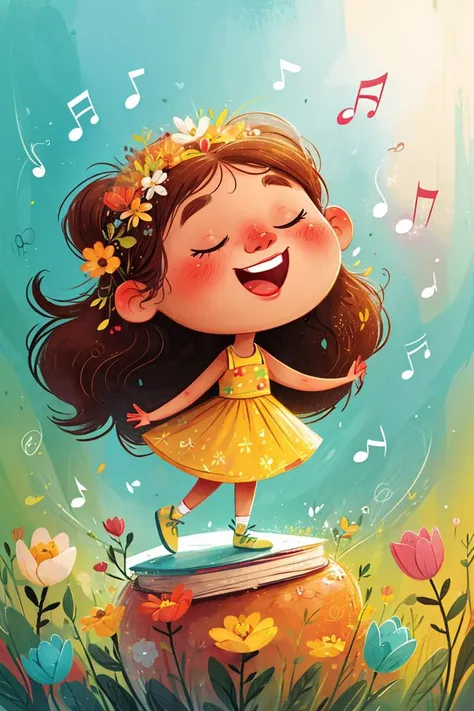masterpiece, high quality, a cute girl, yellow long hair, sing a song, <lora:J_huiben:0.8> j_huibenï¼chibi