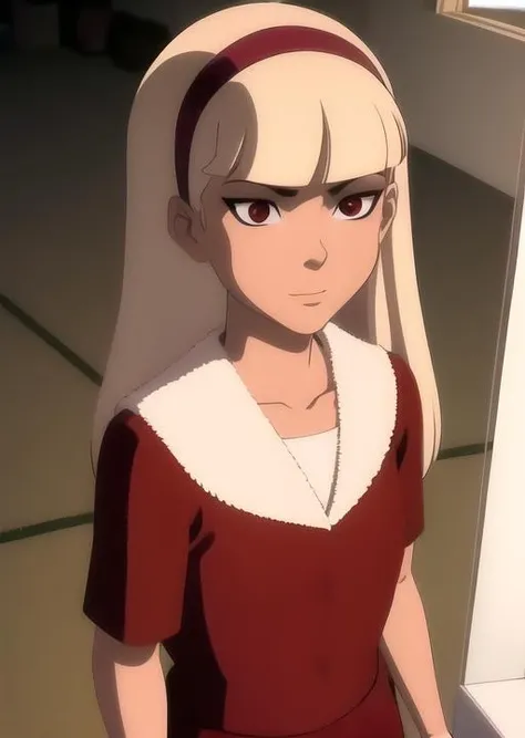 masterpiece, best quality, highres,
<lora:Char_DC_Child:0.8>, Child, bangs, blunt_bangs, blonde_hair, long_hair, eyelashes, red_eyes, red_hairband, red dress, indoors