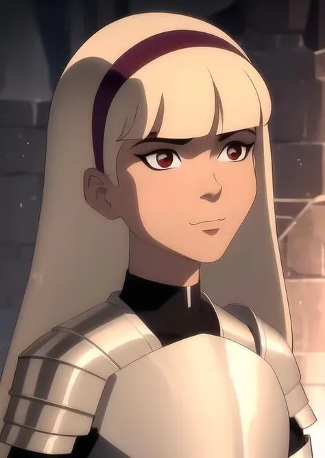 masterpiece, best quality, highres,
<lora:Char_DC_Child:0.8>, Child, bangs, blunt_bangs, blonde_hair, long_hair, eyelashes, red_eyes, red_hairband, knight armor