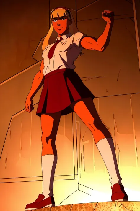 (masterpiece, best quality), intricate details,
1boy, muscular, grown man, <lora:Char_DC_Child:0.8> bangs, blunt_bangs, blonde_hair, long_hair, red_eyes, red_hairband, red_skirt, white_shirt,
biceps, triceps,