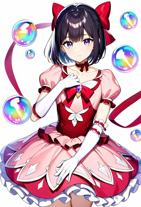 1girl,
gloves, red dress, puffy sleeves, purple eyes, white background, frills, puffy short sleeves, purple hair, cowboy shot, skirt, expressionless, red choker, frilled dress, closed mouth, elbow gloves, looking at viewer, dress, standing, pink dress, short sleeves, ribbon choker, red ribbon, simple background, gem, collarbone, ribbon, choker, hair bow, bow, short hair, magical girl, black hair, white gloves, solo, red bow, bow choker, petticoat, hand up, bubble skirt,
very aesthetic, masterpiece, best quality, absurdres, sensitive