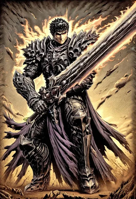 (Guts berserk),berserk form, (Wielding sword with two hands:1.2), (guts s dragon slayer sword),wearing berserker armor,(masterpiece),(best quality),(ultra-detailed), (full body:1.2),((Kentaro Miura Style)),8K