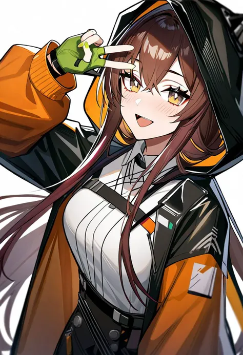 1girl,
kafka \(arknights\), arknights,
gloves, upper body, very long hair, white background, feather hair, :d, hood, hoodie, hooded jacket, black jacket, looking at viewer, multicolored nails, orange nails, orange jacket, jacket, yellow eyes, long hair, fingernails, shirt, blue nails, fingerless gloves, brown hair, blush, simple background, smile, v, long sleeves, white shirt, open mouth, green nails, twitter username, nail polish, hair between eyes, hood up, solo, hand up, orange hoodie, jacket over hoodie, green gloves,
very aesthetic, masterpiece, best quality, absurdres, sensitive