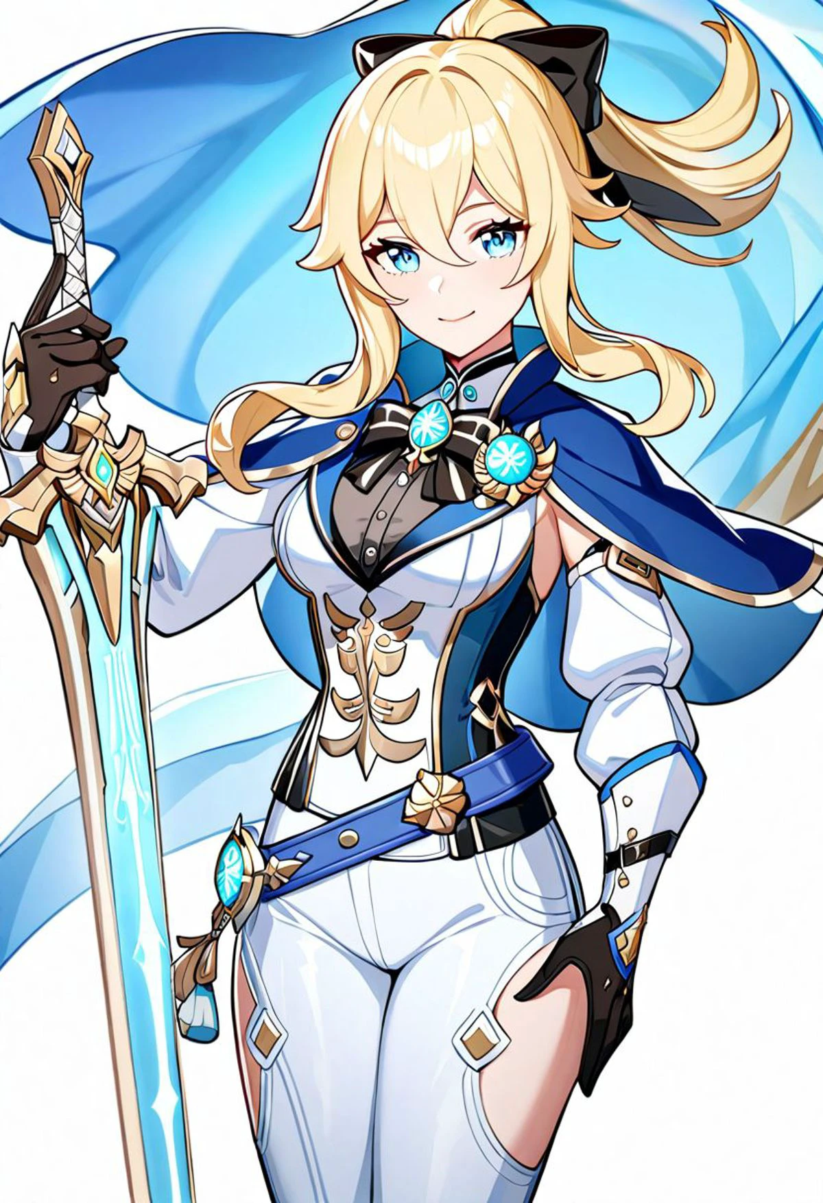 1girl,
jean \(gunnhildr's legacy\) \(genshin impact\), genshin impact,
gloves, belt, white background, medium breasts, cowboy shot, blonde hair, holding weapon, closed mouth, sword, medium hair, sidelocks, looking at viewer, breasts, white pants, standing, vision \(genshin impact\), official alternate costume, tight clothes, blue belt, simple background, blue eyes, smile, ponytail, thighs, black gloves, holding, detached sleeves, black bow, weapon, tight pants, hair bow, capelet, bow, pants, favonius sword \(genshin impact\), holding sword, blue capelet, long bangs, solo, hand up, hair between eyes,
very aesthetic, masterpiece, best quality, absurdres, sensitive