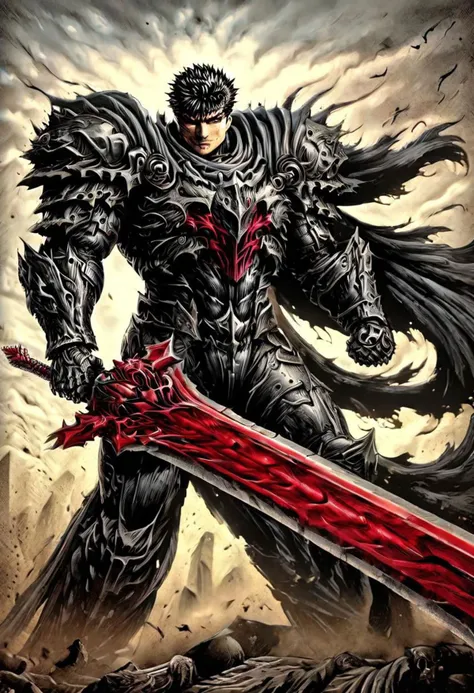 (Guts berserk),berserk form, (Wielding sword with two hands:1.2) wearing berserker armor,(masterpiece),(best quality),(ultra-detailed), (full body:1.2),((Kentaro Miura Style)),8K