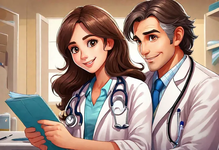 (high quality) (accurated details) (insanely detailed) A scene where an happy family doctor takes care of her girl (the father is an handsome doctor with short brown hair and dark brown eyes,) (((the mom a beautiful girl with absurd long wavy brown hair and dark eyes,)))( the girl is with absurd long wavy brown hair and dark brown eyes) he takes care of her listening with a realistic stethoscope her heart.