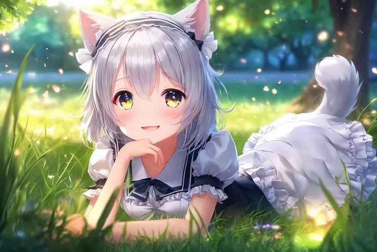 (silver glowing eyes:1), teenager, Cute catgirl, maid uniform, sitting on ground, grass, happy, blushing, in love, masterpiece, high quality, blur background, silver hair,