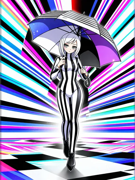 rhythm video game style, music synced gameplay, colorful graphics, abstract backgrounds a virtual landscape unfolds as the model, adorned in a striking black and white striped body suit, strides confidently down a runway. her left hand holds an umbrella, its own design mirroring her ensemble with its bold stripes. the backdrop is minimalistic, allowing the focus to remain on the fashion spectacle.