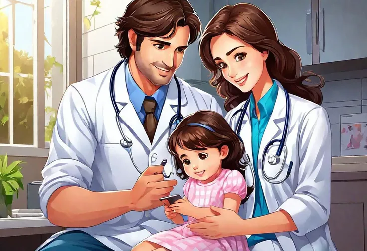 (high quality) (accurated details) (insanely detailed) A scene where an happy family doctor takes care of her girl (the father is an handsome doctor with short brown hair and dark brown eyes,) (((the mom a beautiful girl with absurd long wavy brown hair and dark eyes,)))( the girl is with absurd long wavy brown hair and dark brown eyes) he takes care of her listening with a realistic stethoscope her heart.