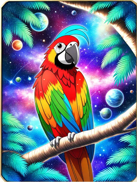 space themed the image is a realistic artwork featuring an orange and green parrot. the style of the artwork is highly detailed, with precise rendering of the parrot's feathers and facial features. the background consists of dense foliage, further emphasizing the natural setting and providing a sense of depth to the composition.,in the image, there is a vibrant parrot perched on a tree branch. the parrot's body is a striking mix of colors: its head and wings are predominantly orange, while its tail feathers are blue. the bird's beak and eyes contrast with these colors, as they are black. the background features a lush jungle setting, providing a natural backdrop for the parrot., anime, high detail . cosmic, celestial, stars, galaxies, nebulas, planets, science fiction, highly detailed