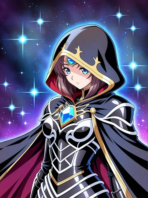 pokmon style (masterpiece, best quality, ultra detailed), intricate details, in the retro digital style, a female character stands confidently in her striking black armor. her hooded cloak conceals most of her face, adding an air of mystery to her persona. a prominent blue jewel adorns her chest plate, reflecting light that contrasts with the dark surroundings., cartoon style, anime, high detail . vibrant, anime, fantasy, reminiscent of pokmon series