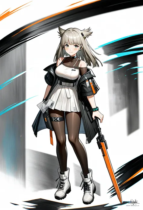 1girl,
perlica \(arknights\), arknights,
bodystocking, bare shoulders, medium breasts, looking at viewer, white background, very long hair, belt, see-through, animal ears, infection monitor \(arknights\), breasts, full body, jewelry, closed mouth, artist name, boots, bracelet, open coat, dated, buckle, blunt bangs, earpiece, grey hair, coat, white dress, off shoulder, short sleeves, solo, holding, open clothes, holding weapon, standing, underbust, simple background, white footwear, anklet, covered collarbone, black eyes, belt buckle, blue eyes, black thighhighs, thighhighs, feet, blush, light smile, signature, knee boots, black coat, straight hair, long hair, dress, weapon, pouch, white belt,
masterpiece, best quality, newest, absurdres, sensitive
