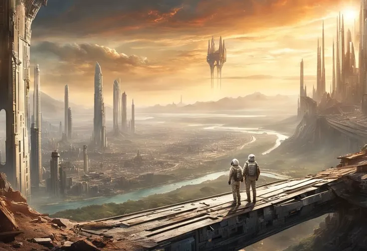 in foreground, view from behind, view from above, 2 human astronauts in a white spacesuit with a transparent helmet and backpack are standing and watching (the huge wide valley with enormous majestic magnificent amazing impossible very destroyed ruined sci-fi alien extraterrestrial city, ruined streets, ruined bridges and overpasses:1,3), (sci-fi cityscape, post-apocalyptic cityscape:1,5), amazing geometry, skyline, (the starry sky with moon, stars and entire constellations with galaxies , hyperrealistic, Milky way:1,5),
cinematic lighting, digital painting, bright colors, best quality, masterpiece
