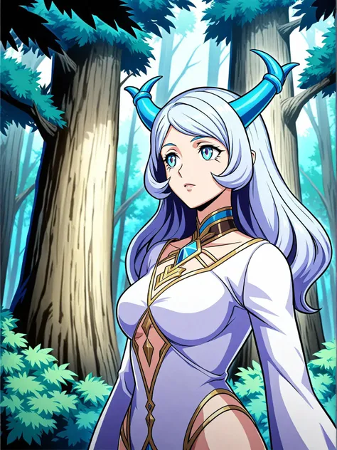 borderlands 3 style in the depths of a mystical forest, a 24 year old adult woman with blue horns and hair stands amidst the dense trees. her gaze is directed off into the distance, as if she's searching for something unknown. the ethereal atmosphere envelops her, making it seem as though she might be a creature from another realm., anime, high detail . cel shaded graphics, loot driven, humor filled narrative