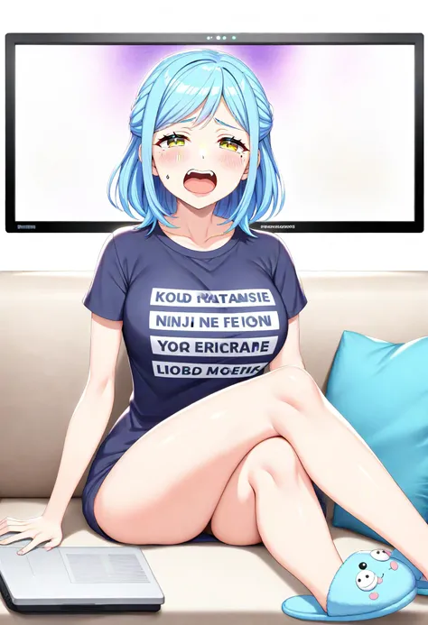 1girl,
moira \(nijisanji\), nijisanji,
open mouth, blush, slippers, medium breasts, mole under eye, solo, crossed legs, medium hair, sitting, profanity, computer, t-shirt, couch, white background, dots, meme attire, mole, blue hair, tears, simple background, screen light, clothes writing, english text, closed eyes, comic, shirt, desk, virtual youtuber, laptop, breasts, yellow eyes,
masterpiece, best quality, newest, absurdres, safe