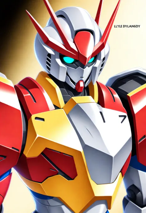1boy, male focus,
lyle dylandy, gundam,
aqua eyes, looking at viewer, colored sclera, multicolored armor, mecha, character name, yellow background, red armor, solo, v-fin, power armor, black background, red background, no humans, glowing, tokusatsu, black sclera, mask, science fiction, portrait, grey armor, glowing eyes, robot, armor, gradient background, shiny skin, upper body, green eyes, yellow armor, helmet, superhero costume,
masterpiece, best quality, newest, absurdres, safe