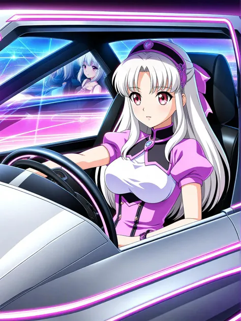 vintage photoshoot style in the virtual landscape style, a digital illustration unfolds where a female character with white hair and pink eyes is seated in the driver's seat of a futuristic car. the car's interior is predominantly black, adorned with accents of purple neon lighting that casts an ethereal glow on the scene., anime, high detail . retro outfits, historical settings, nostalgic feel, classic poses