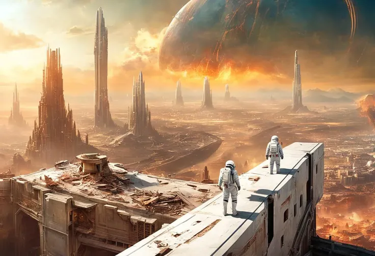 in foreground, view from behind, view from above, 2 human astronauts in a white spacesuit with a transparent helmet and backpack are standing and watching (the huge wide valley with enormous majestic magnificent amazing impossible very destroyed ruined sci-fi alien extraterrestrial city, ruined streets, ruined bridges and overpasses:1,3), (sci-fi cityscape, post-apocalyptic cityscape:1,5), amazing geometry, skyline, (the starry sky with moon, stars and entire constellations with galaxies , hyperrealistic, Milky way:1,5),
cinematic lighting, digital painting, bright colors, best quality, masterpiece