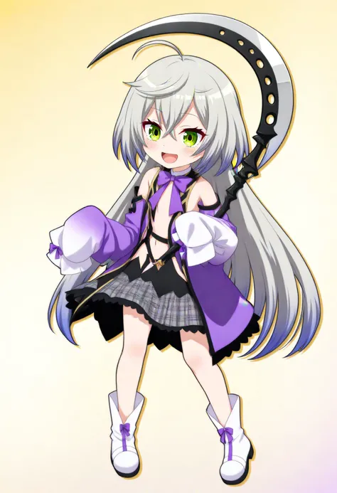 1girl,
shisui kiki \(1st costume\), nanashi inc.,
grey skirt, short dress, dress, purple bow, plaid skirt, open book, zettai ryouiki, open clothes, smile, purple sleeves, yellow background, virtual youtuber, plaid, gradient background, holding scythe, open mouth, book, grey hair, floating hair, scythe, ahoge, white sleeves, long hair, purple bowtie, solo, bow, open dress, very long hair, black dress, white footwear, multicolored sleeves, miniskirt, sidelocks, boots, blush, hair between eyes, flat chest, skirt, bowtie, sleeves past fingers, chibi, holding, sleeves past wrists,
masterpiece, best quality, newest, absurdres, safe