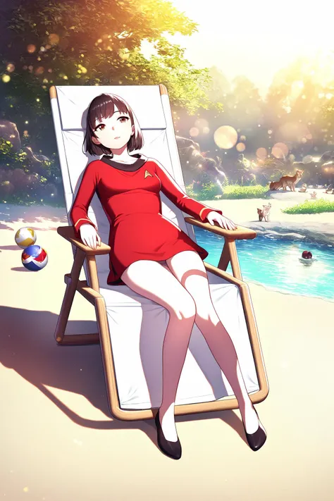 woman in a red startrektos short dress,long sleeves, relaxing on a foldchair,sun,ball,animals,scenery,
masterpiece, best quality, soft light, bokeh, real shadow, cinematic, subsurface scuttering <lora:TOSXL-000040:0.8>