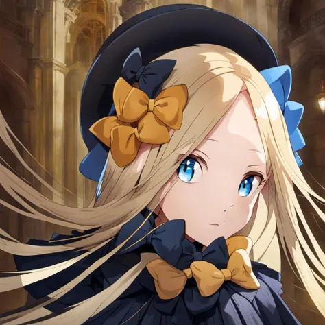 (masterpiece, best quality:1.2), 1girl, upper body, blonde hair, blue eyes, very long hair, black dress, cute, 8-yeas-old, hair bow