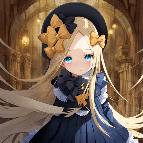 (masterpiece, best quality:1.2), 1girl, upper body, blonde hair, blue eyes, very long hair, black dress, cute, 8-as-olhair bow