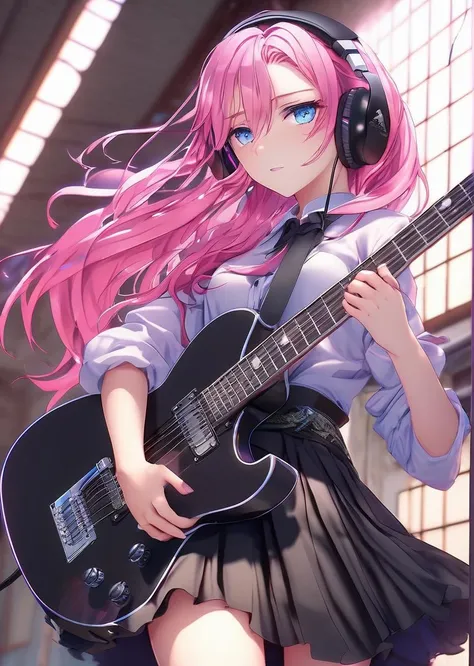 1girl, ((cinematic light)), colorful, hyper detail, dramatic light, (girl:1.5), solo, black skirt, blue eyes, electric guitar, guitar, headphones, holding, holding plectrum, instrument, long hair, music, one side up, pink hair, playing guiter, pleated skirt, black shirt, indoors ((caustic)), dynamic angle,beautiful detailed glow,full body, cowboy shot,
<lora:neg4all_bdsqlsz_xl_V7:1>