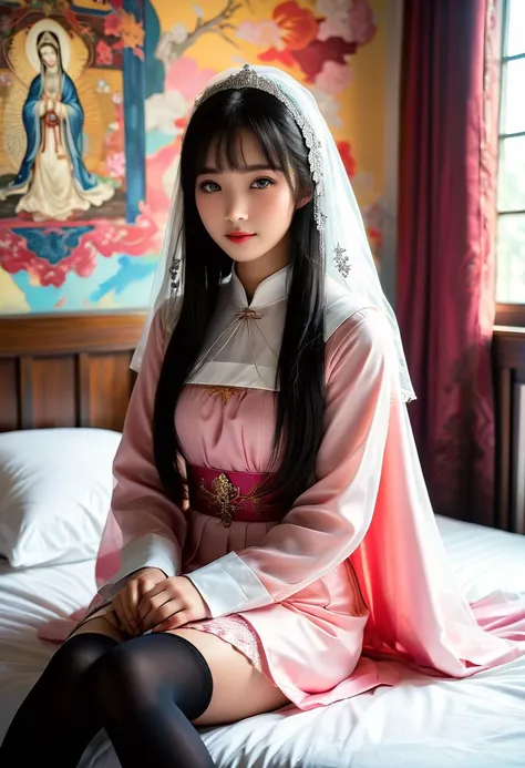 score_9, score_8_up, score_7_up, 1girl (medium full shot) of (gorgeous young woman:1.1) nun chinese with straight black hair, dark eyes, fair skin, petite, wearing rose pink habit with a veil and long-sleeves, ankle-length skirt, black stockings, traditional nun's coif, black boots, reliquary containing a sacred relic, happy, superhero landing, .in Pediatric Ward bedroom, Colorful murals on the walls, small toys scattered around, cribs or child-sized beds, cheerful bedding, shelves with books and games , at sunset .Masterpiece,best quality, photorealistic, amazing quality, very aesthetic, extremely detailed face,