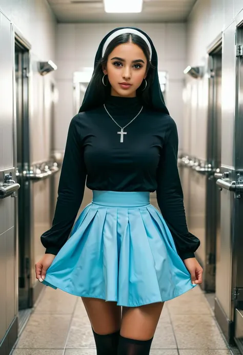 score_9, score_8_up, score_7_up, 1girl (medium full shot) of (vivacious young woman:1.1) nun arabian with black doughnut hair bun, green eyes, olive skin, curvy, wearing sky blue habit with a veil and long-sleeves, mini skirt, black stockings, traditional nun's coif, black ballet flats, holding a rosary beads, scared, running, .in public Toilet, Functional, no-frills space with vinyl flooring, partitioned stalls with stainless steel doors, large industrial-grade hand dryers, wall-mounted soap dispensers, central waste bin .Masterpiece,best quality, photorealistic, amazing quality, very aesthetic, extremely detailed face,
