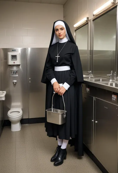 ((fashion photography)), perfect face, perfect eyes, (medium full shot) of  (desirable nun) young woman, persian, tan skin, light brown eyes, Average, hazel hair, wearing black habit with a veil and long-sleeves, ankle-length skirt, white stockings, traditional nun's coif, black boots, reliquary containing a sacred relic, set in  public Toilet, Functional, no-frills space with vinyl flooring, partitioned stalls with stainless steel doors, large industrial-grade hand dryers, wall-mounted soap dispensers, central waste bin  , laughing, squatting, masterpiece, best quality, photorealistic, very aesthetic