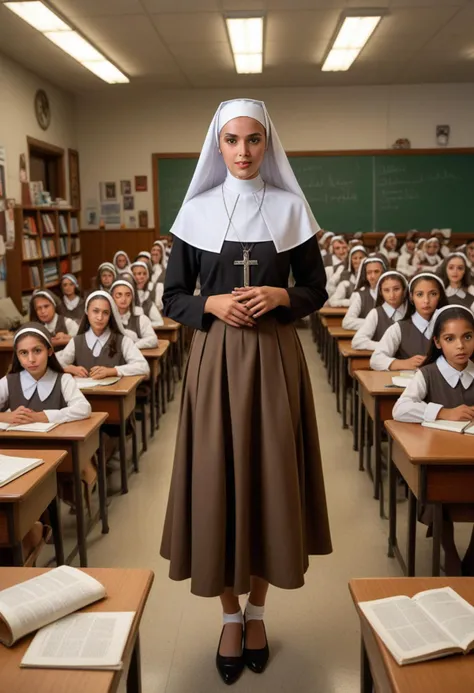 ((fashion photography)), perfect face, perfect eyes, (medium full shot) of  (vivacious nun) young woman, brazilian, brown eyes, tan skin, tan skin, hazel eyes, busty, hazel hair, wearing brown habit with a veil and long-sleeves, ankle-length skirt, white stockings, traditional nun's coif, black ballet flats, reliquary containing a sacred relic, set in  missionary center, Classroom, Educational space with desks arranged in rows facing a whiteboard, posters displaying educational material on the walls, a teacher's desk at the front, bookshelves filled with textbooks, and a projector screen hanging from the ceiling , at night, surprised, open mouth, running toward the viewer, masterpiece, best quality, photorealistic, very aesthetic