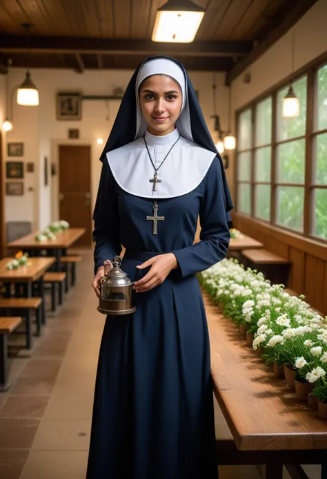 ((fashion photography)), perfect face, perfect eyes, (medium full shot) of  (angelic nun) young woman, indian, brown eyes, darker skin tone, mocha skin, light green eyes, petite, brown hair, wearing navy blue habit with a veil and long-sleeves, ankle-length skirt, black stockings, traditional nun's coif, black leather shoes, holding a holy water sprinkler, set in  missionary center, Dining Hall, Welcoming space with long wooden tables and benches, a serving counter with steam trays of food, pots of fresh flowers on each table, hanging pendant lights, and a noticeboard displaying meal schedules , at night, laughing, squatting, masterpiece, best quality, photorealistic, very aesthetic