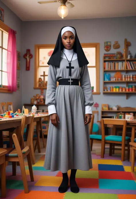 ((fashion photography)), perfect face, perfect eyes, (medium full shot) of  (sexy nun) young woman, african, dark skin, black eyes, slim, hazel hair, wearing grey habit with a veil and long-sleeves, ankle-length skirt, black stockings, traditional nun's coif, black mary jane shoes, holding a wooden cross, set in  orphanage Playroom, Colorful space with toys strewn across the floor, child-sized tables and chairs, bright murals decorating the walls, large bean bags for lounging, and shelves stocked with art supplies , laughing, squatting, masterpiece, best quality, photorealistic, very aesthetic