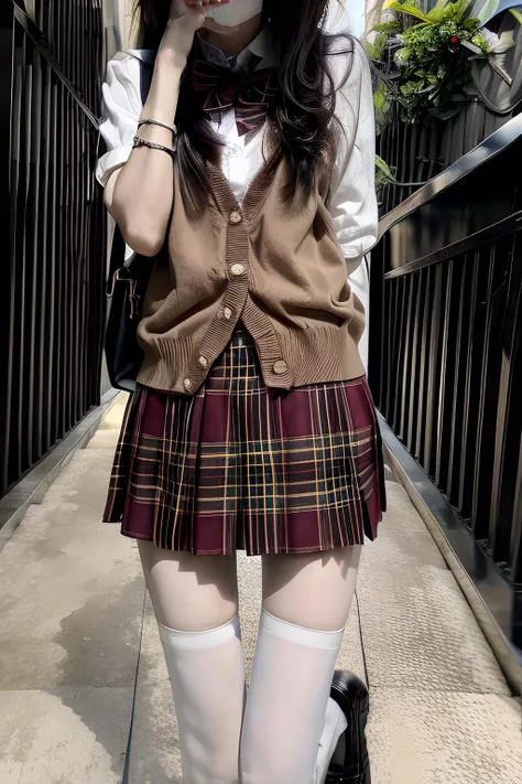1girl,solo,skirt,bag,white shirt,black thighhighs,shirt,handbag,shoes,bracelet,jewelry,<lora:more_details:0.8>,beautiful face,looking at viewer,slim girl,long legs,narrow shoulder width,flat chest,pleated skirt,(outdoors:1.1),red plaid skirt,photorealistic,black thighhighs,<lora:szsjk:1>,cardigan,