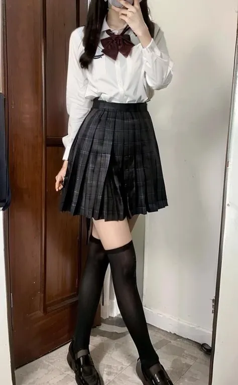 (raw photo,realistic, ),1girl,solo,skirt,white shirt,school bag,shoes,bracelet,jewelry,looking at viewer,narrow shoulder width,flat chest,pleated skirt,photorealistic,black,brown cardigan,bowtie,small black leather shoes,(long legs:1.2),slim legs,(zettai ryouiki:1.3),<lora:InstantPhotoX3:0.3>,thighhighs,sat on a throne,Tahiti,looking to the side,<lora:asianGirlsFace_v1:0.5>,full body,<lora:jyzjk:0.8>,