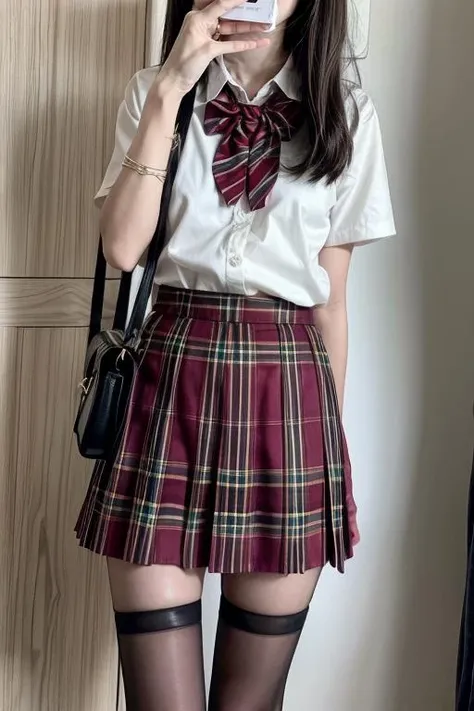 Japanese 18 year old high school girl、White shirt、Black Checkered Mini Skirt、whole body