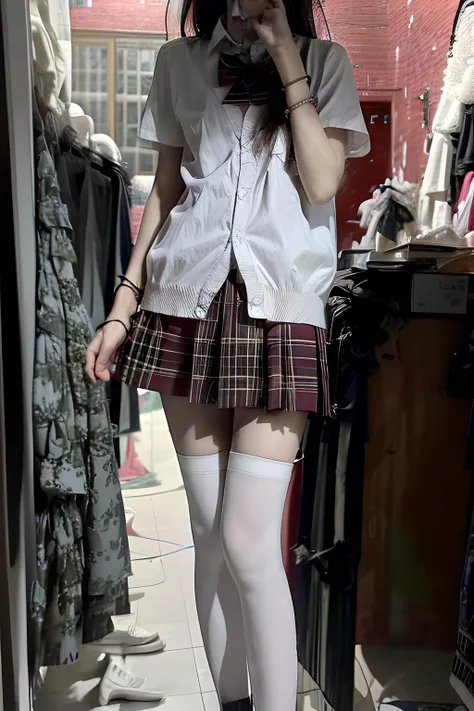 1girl,solo,skirt,bag,white shirt,black thighhighs,shirt,handbag,shoes,bracelet,jewelry,<lora:more_details:0.8>,beautiful face,looking at viewer,slim girl,long legs,narrow shoulder width,flat chest,pleated skirt,(outdoors:1.1),red plaid skirt,photorealistic,black thighhighs,<lora:szsjk:1>,cardigan,