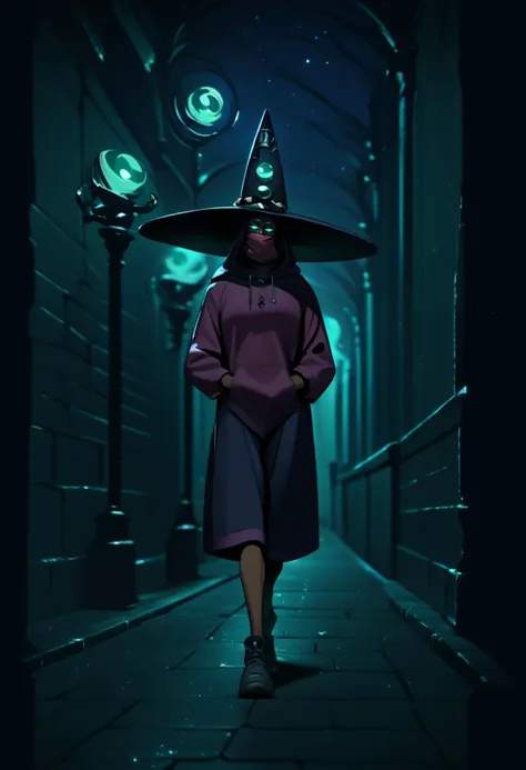 score_9, score_8_up, score_7_up, source_anime, <lora:HecatePDXL_V1-Manityro-CAME:1>, hecate, dark skin, green eyes, glowing eyes, medium breasts, mask, covered mouth, Witch hat, hoodie, night, dark enviroment, full body, shoes, walking, hands in pockets, starry sky,