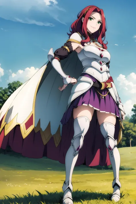  <lora:malty_melromarc:0.8>, , white cape, armor, purple skirt, silver boots, red hair, beautiful face, green eyes, smile, (masterpiece:1.2), best quality, absurdres, highres, extremely detailed wallpaper, perfect lighting, outdoors, grass, field, , ,