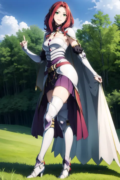 bitch <lora:malty_melromarc:0.8>, medium breasts, white cape, armor, purple skirt, silver boots, red hair, beautiful face, green eyes, smile, (masterpiece:1.2), best quality, absurdres, highres, extremely detailed wallpaper, perfect lighting, outdoors, grass, field,