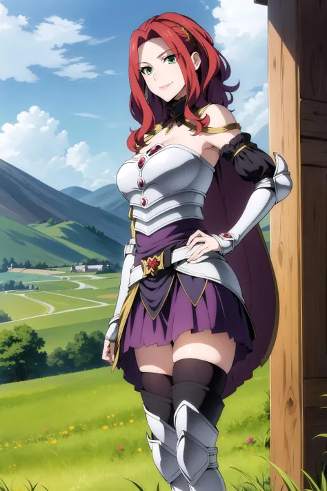 bitch <lora:malty_melromarc:0.8>, medium breasts, cape, armor, purple skirt, silver boots, red hair, beautiful face, green eyes, smile, (masterpiece:1.2), best quality, absurdres, highres, extremely detailed wallpaper, perfect lighting, outdoors, grass, field,