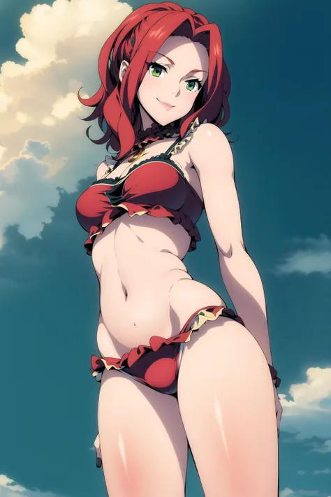 bitch <lora:malty_melromarc:0.8>, medium breasts, (frilled bikini:1.4), arms behind back, red hair, beautiful face, green eyes, smile, (masterpiece:1.2), best quality, absurdres, highres, extremely detailed wallpaper, perfect lighting, from below, standing, beach,