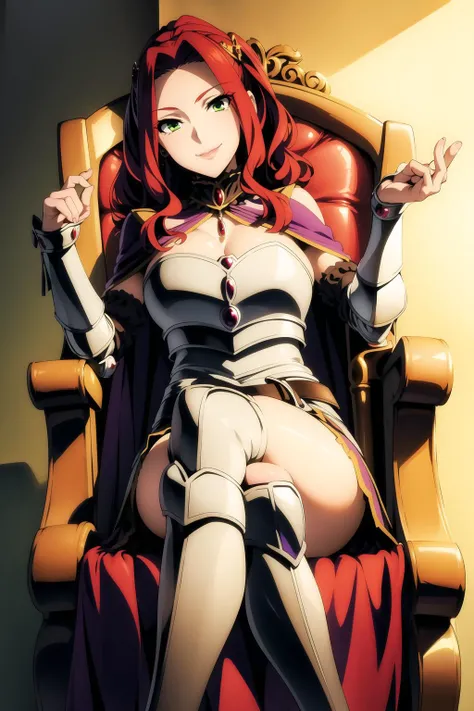 bitch <lora:malty_melromarc:0.8>, medium breasts, cape, armor, purple skirt, red hair, beautiful face, green eyes, smile, (masterpiece:1.2), best quality, absurdres, highres, extremely detailed wallpaper, perfect lighting, from below, chair, crossed legs,