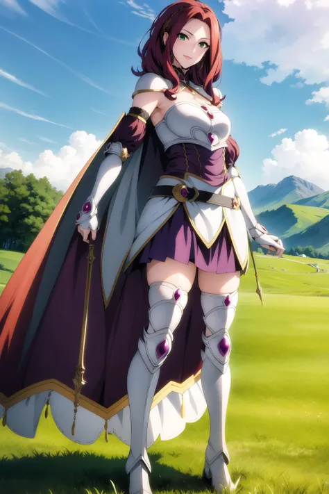 bitch <lora:malty_melromarc:0.8>, medium breasts, white cape, armor, purple skirt, silver boots, red hair, beautiful face, green eyes, smile, (masterpiece:1.2), best quality, absurdres, highres, extremely detailed wallpaper, perfect lighting, outdoors, grass, field,